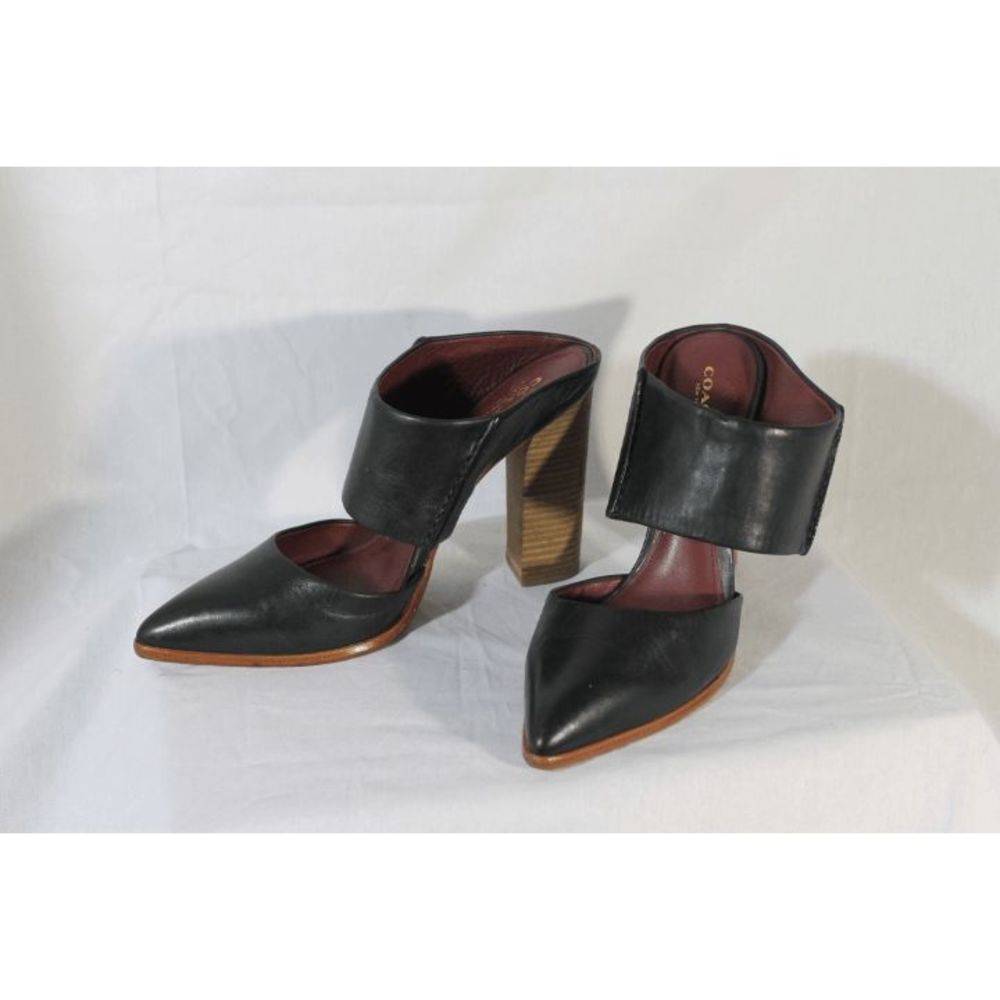 Coach Black Leather Pointed Toe Block Heel Mules